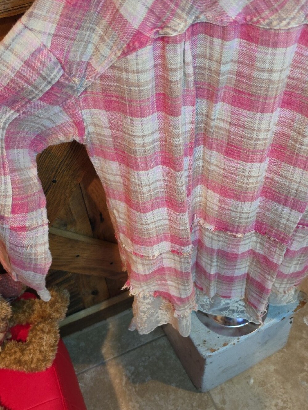 100p Oli & Hali Pink and Cream Plaid Button-Up  with Lace Trim - Picture 13 of 15